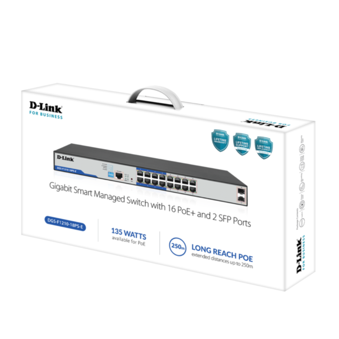 D-Link DGS-F1210-18PS-E 16-port Gigabit Long Range 250m PoE+ Smart Switch with 16 PoE ports, 2 SFP ports - DGS-F1210-18PS